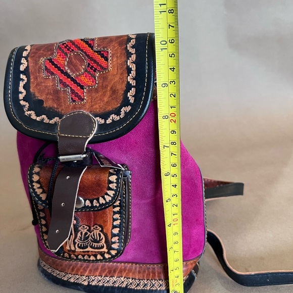 Baby Alpaca Made In Peru Magenta Pink Suede Leather Drawstring Backle Backpack S - Picture 6 of 11